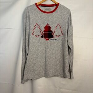 Eddie Bauer Mens Gray Waffle Knit Sleep Shirt Christmas Tree Plaid Medium